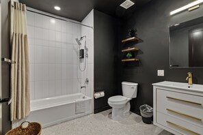 Hair dryer, towels, soap, shampoo