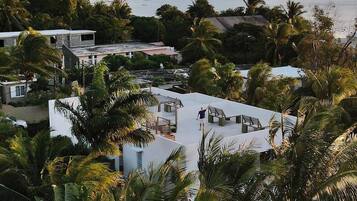 A resort with a pool area surrounded by palm trees, overlooking a body of water and a prominent mountain in the background.