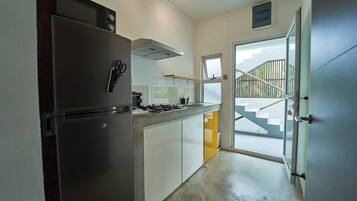 Fridge, oven, toaster, cookware/dishes/utensils