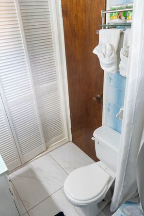 Hair dryer, towels, soap, toilet paper