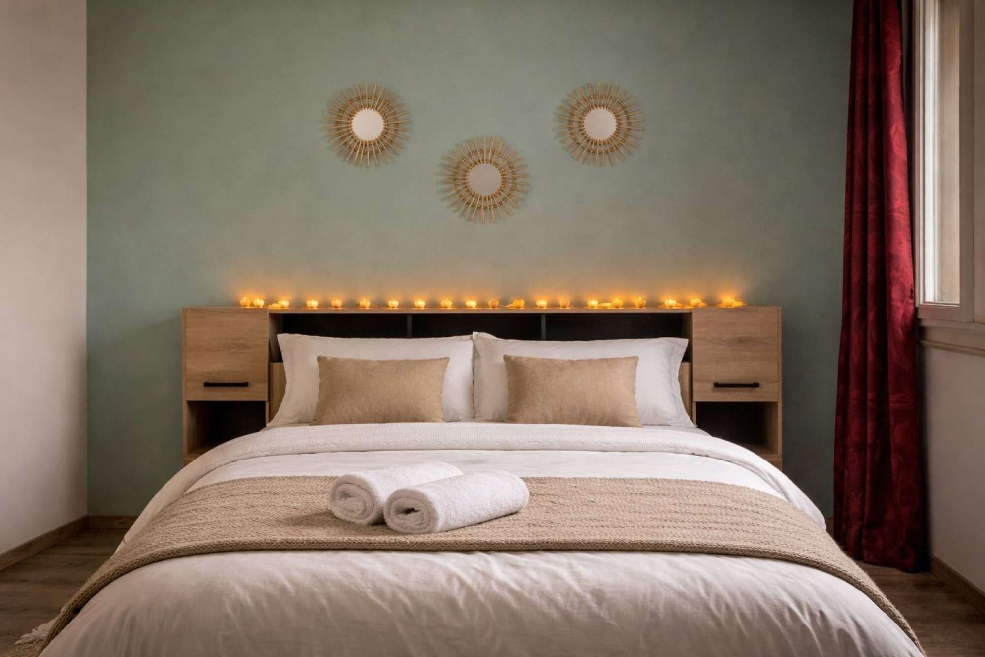 A neatly made bed with a headboard, two bedside tables, and a wall with decorative circular mirrors.