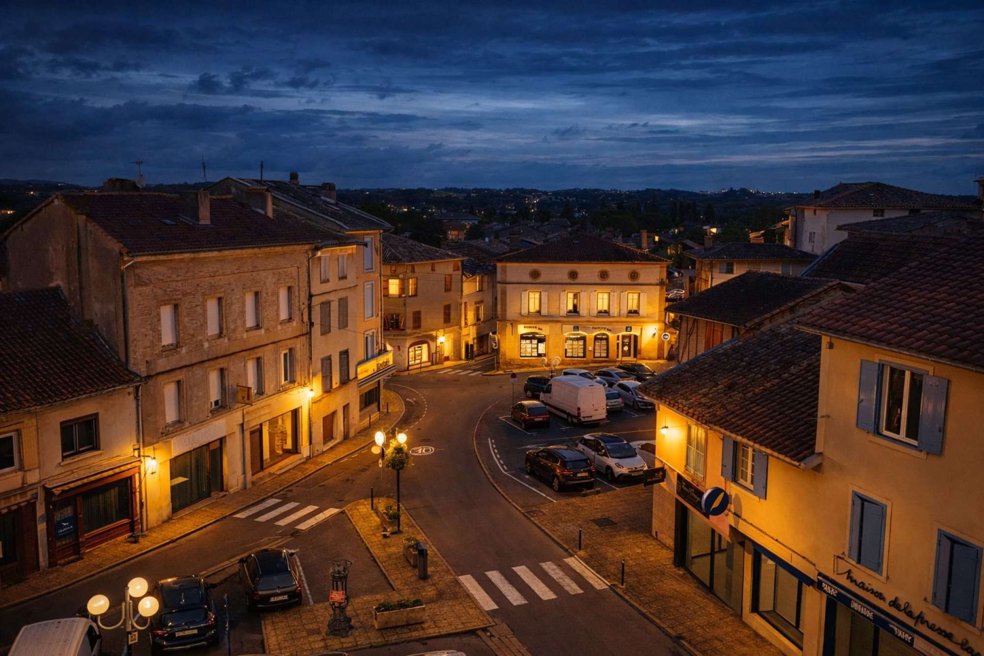 Une vue d’une rue d’une ville au crépuscule, avec des bâtiments, un passage pour piétons et des voitures garées.