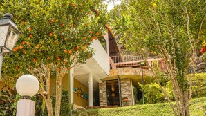 Une maison moderne dotée d’un balcon, entourée d’une végétation luxuriante et d’orangers.