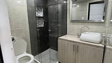Shower, soap, shampoo, toilet paper