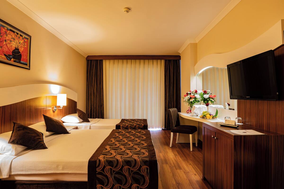 Ein Hotelzimmer mit zwei Betten, einem Schreibtisch, einem Stuhl, einem Fernseher und einem Bild an der Wand.