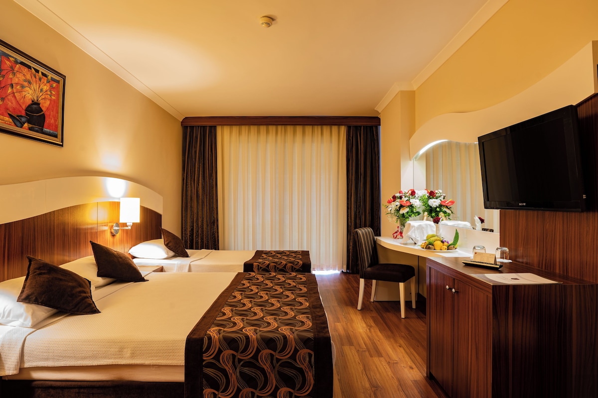 Ein Hotelzimmer mit zwei Betten, einem Schreibtisch, einem Stuhl, einem Fernseher und einem Bild an der Wand.