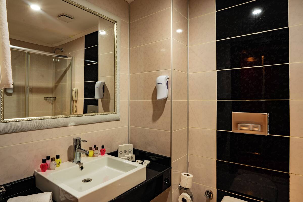 Ein Badezimmer mit einem großen Spiegel, einem Waschbecken mit verschiedenen Flaschen, einem Handtuch und einer Toilette.