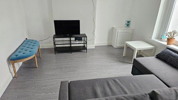 En moderne stue med en grå sofa, en blå polstret bænk, et fjernsyn på et sort stativ, et lille hvidt bord og et vindue med en plante.