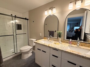 Hair dryer, towels, soap, shampoo