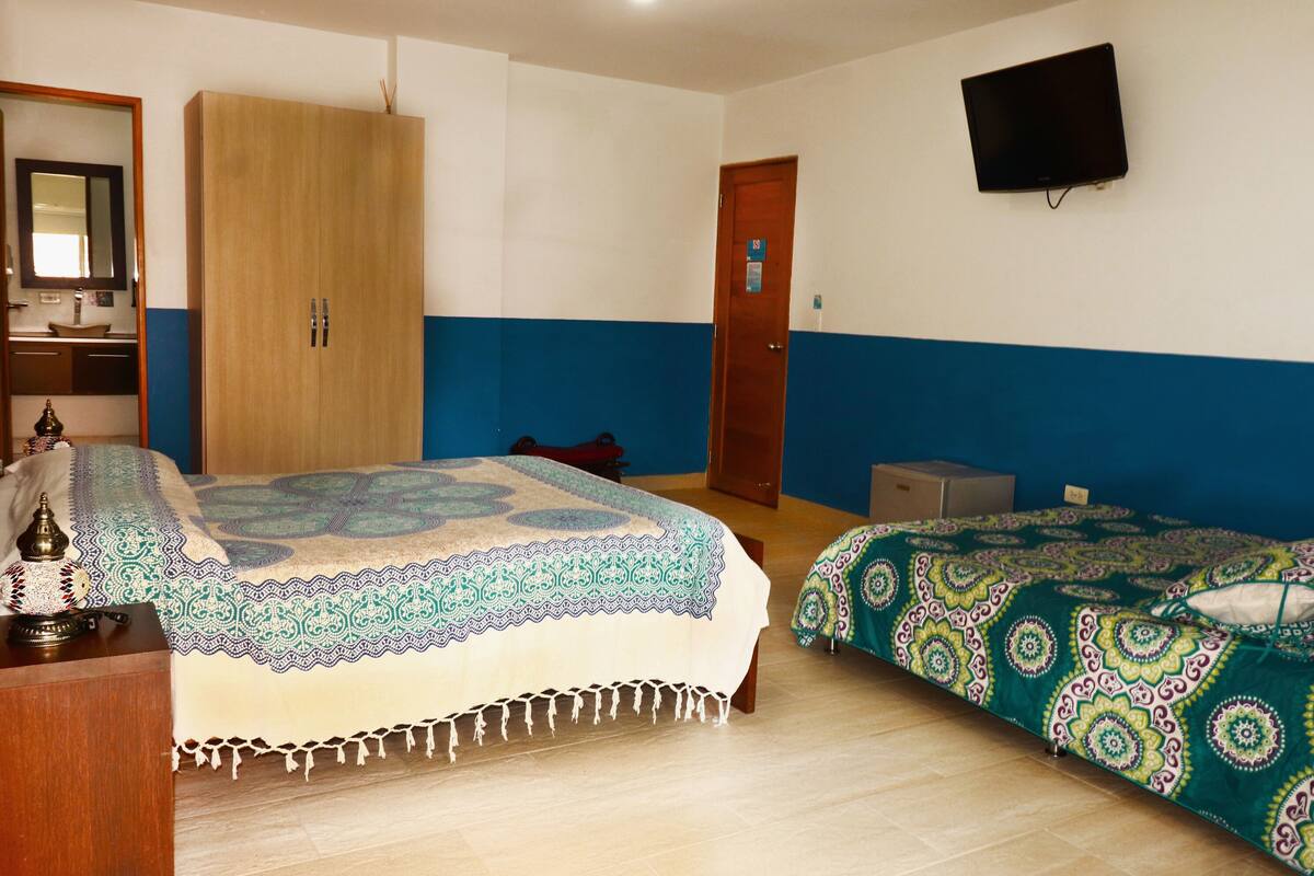Ein Schlafzimmer mit Bett, Kleiderschrank, Fernseher und Bad.
