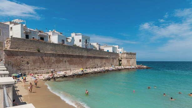 A coastal town with a historic stone wall, beach, and clear blue sea. - Palazzo Fiscaiolo (Monopoli)