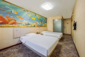 A hotel room with two beds, a large fish mural on the wall, a wooden floor, and a door leading to another room. - Qiyuan Yueding Business Hotel (Beijing Huilongguan East Street Subway Station) (Beijing)