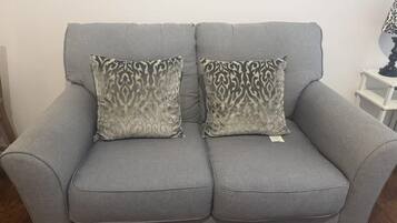 A grey sofa with two patterned cushions.