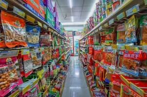 Un pasillo de supermercado con diversos productos envasados en las estanterías.
