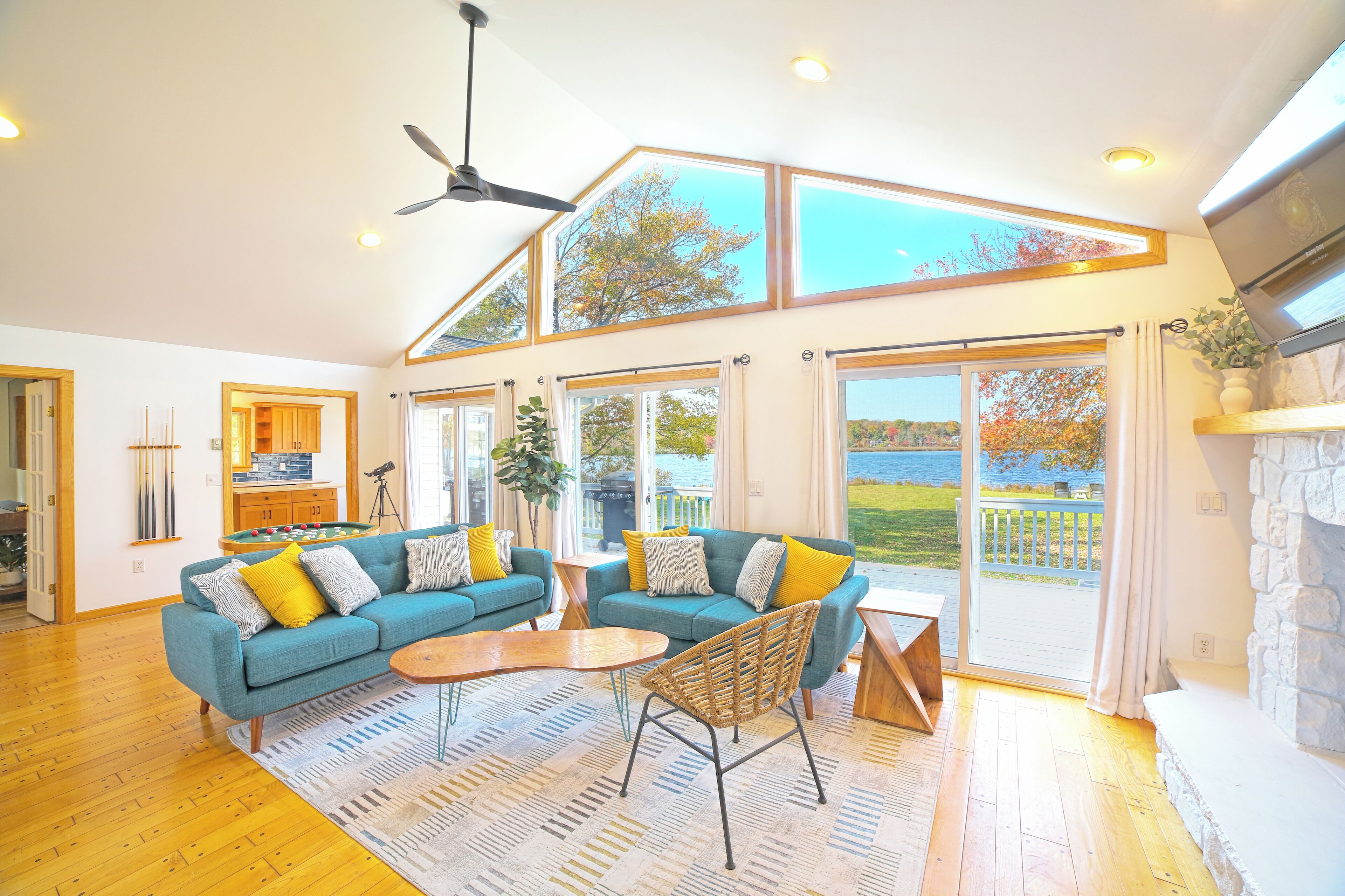 Smart TV, fireplace, video games, foosball