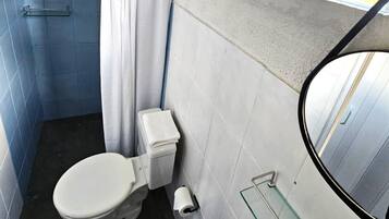 Shower, towels, soap, toilet paper