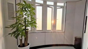 Una stanza con una grande pianta in vaso, pavimento in piastrelle bianche e una finestra con vista sul tramonto.