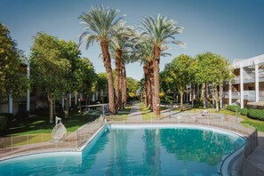 Zona de piscina con palmeras y un edificio al fondo.