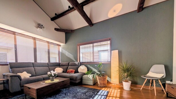 A living room with a sectional sofa, a coffee table, a rug, and potted plants.