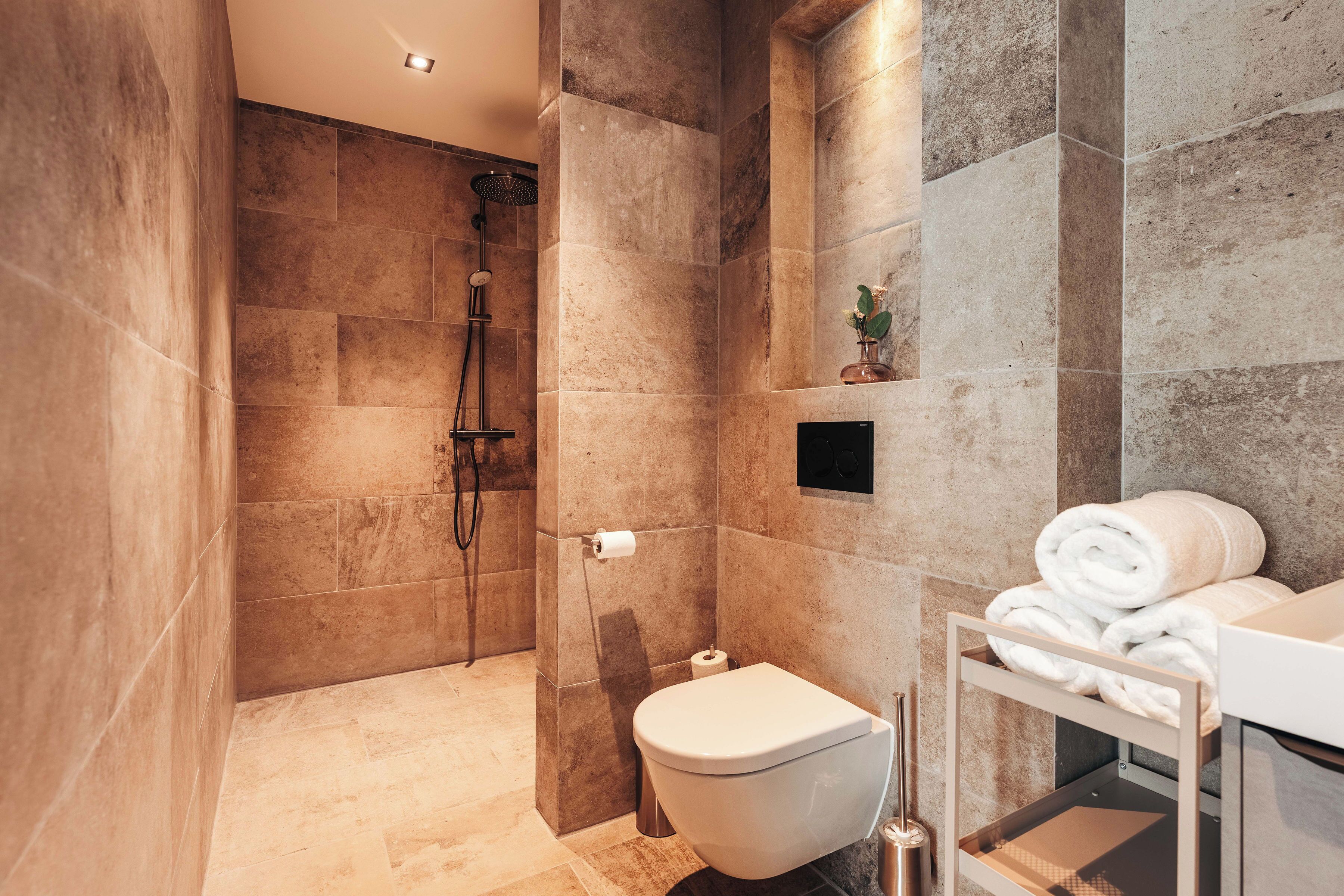A modern bathroom with a shower, toilet, and a towel rack.