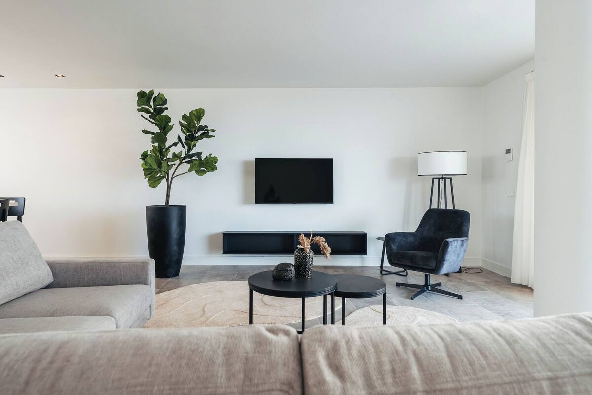 Ein modernes Wohnzimmer mit einer Couch, zwei schwarzen Beistelltischen, einer Topfpflanze, einem schwarzen Sessel, einer Stehlampe und einem am Wand montierten Flachbildfernseher.