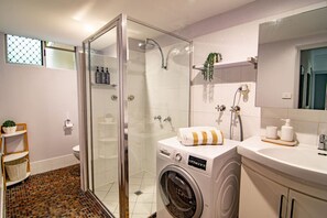 Hair dryer, towels, soap, shampoo