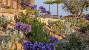 A garden with various plants and flowers, a wooden bench, and a stone wall. -  Hôtel Mylos - Cargèse (Cargèse)