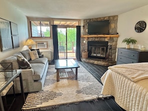 A living room with a sofa, coffee table, fireplace, TV, and a view through a glass door. - Lutsen Ski-In/Ski-Out | Lake View | Pet-Friendly (Lutsen)