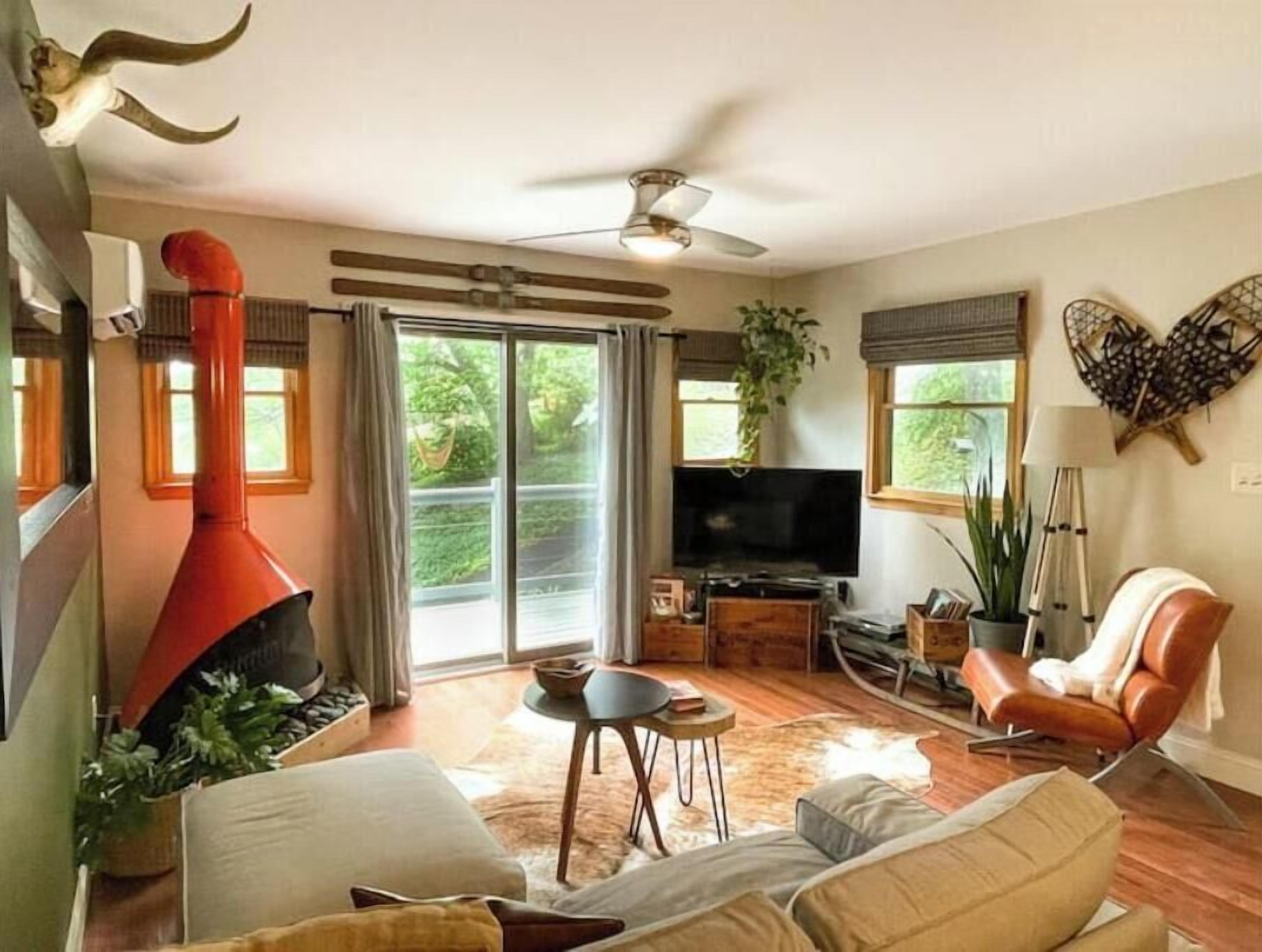 Smart TV, fireplace, books, music library