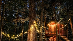 Una cabaña rodeada de árboles con luces de cuerda y un farol.
