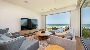 Smart TV, fireplace, books, stereo