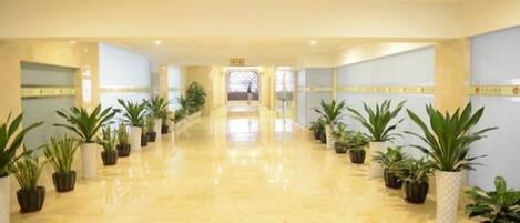 Un pasillo de hotel con piso de mármol pulido, plantas en macetas y una zona de recepción a lo lejos.