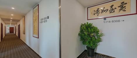 A hotel hallway with a carpeted floor, a potted plant, and a wall with a sign and contact number.