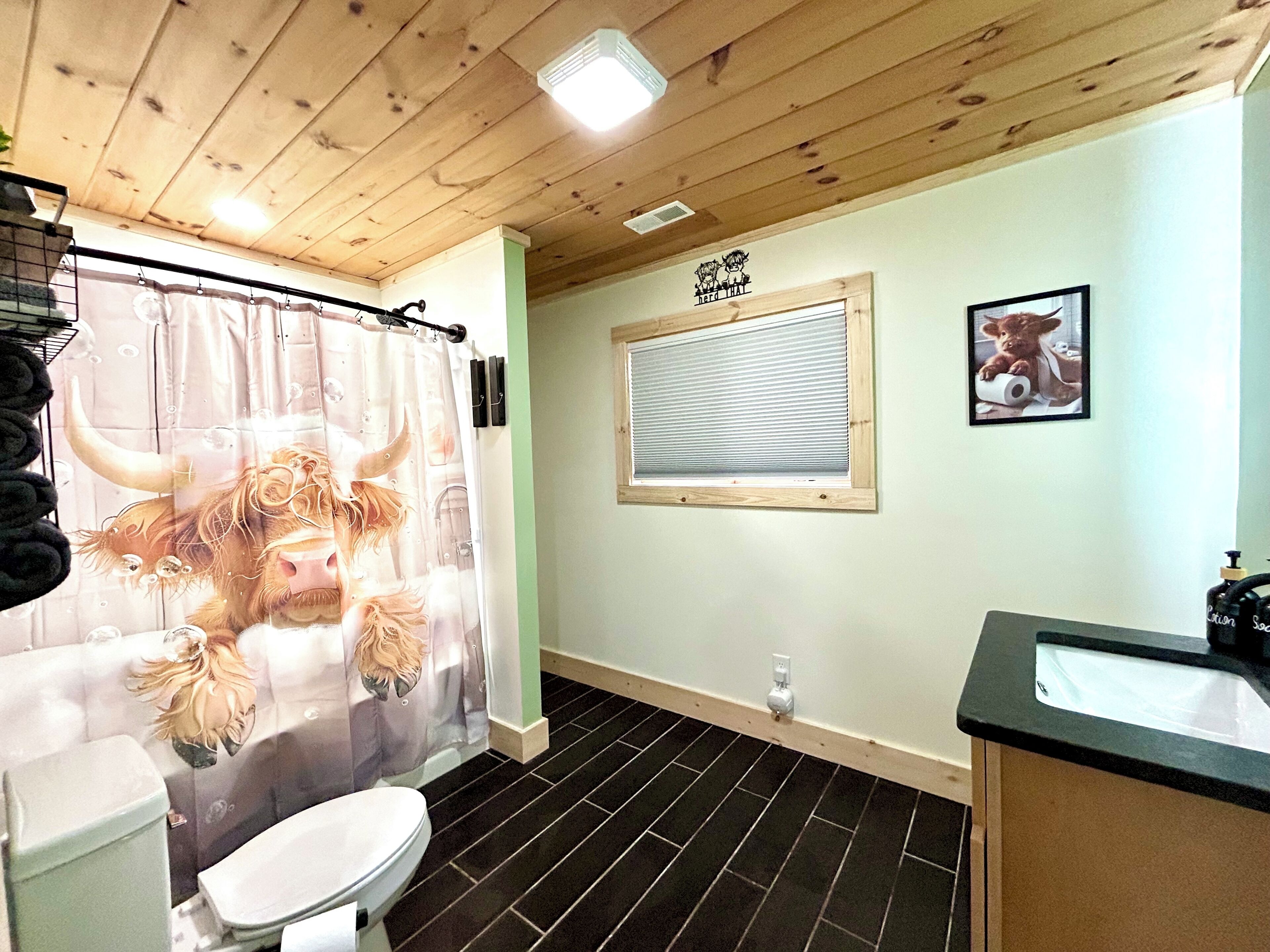 A bathroom with a shower curtain featuring a bull design, a toilet, a sink, and a window with blinds.