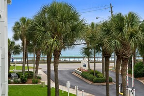 Straßenansicht mit Palmen, einer Straße und einem Strand im Hintergrund.