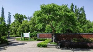 A paved entrance with a sign, a brick wall, and a tree.