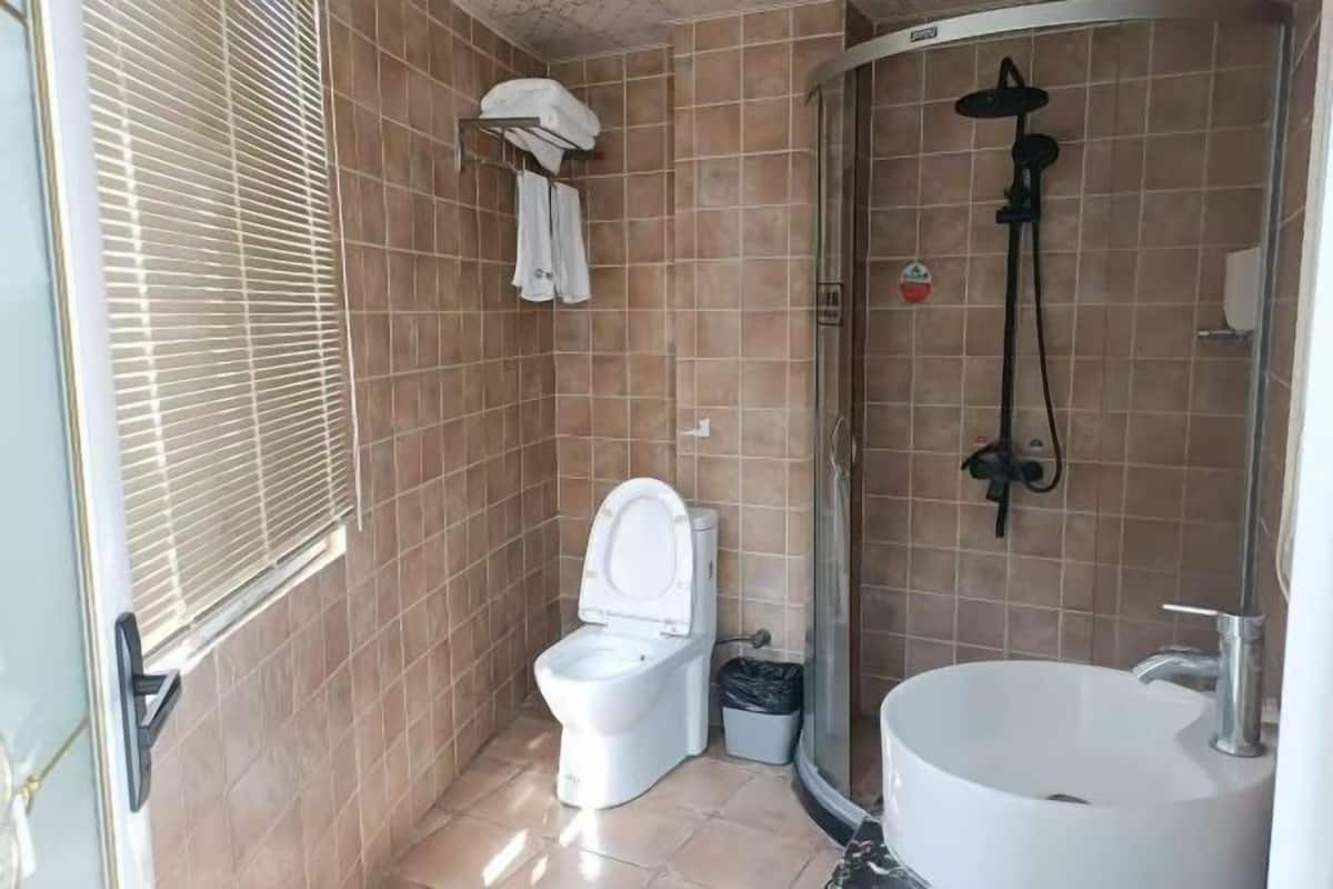Une salle de bain avec des toilettes, une douche et un lavabo.