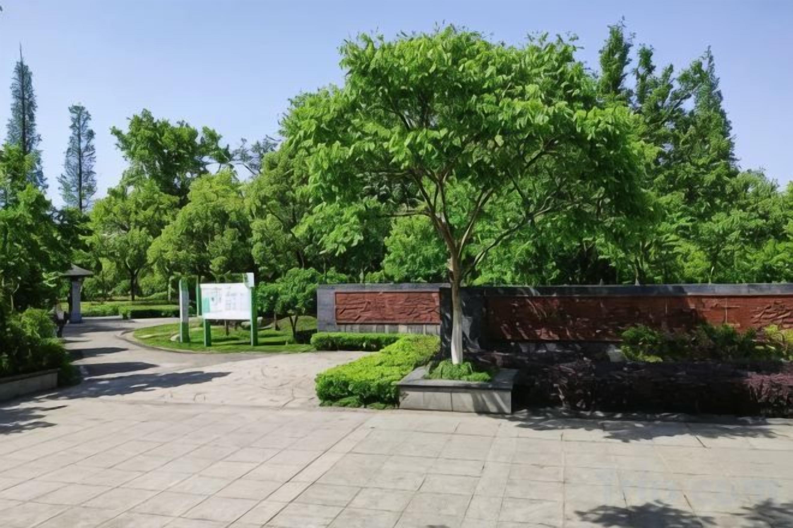 Une zone d’entrée dallée, avec un chemin menant à un bâtiment, le tout entouré d’arbres et de verdure.