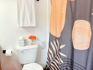 Secador de cabelo, toalhas de banho, sabonete, papel higiênico