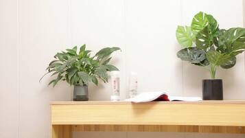 Uma mesa de madeira com duas plantas em vasos e um livro.