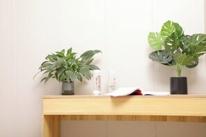 A wooden desk with two potted plants and a book. - Fuman Hostel (Shanghai)