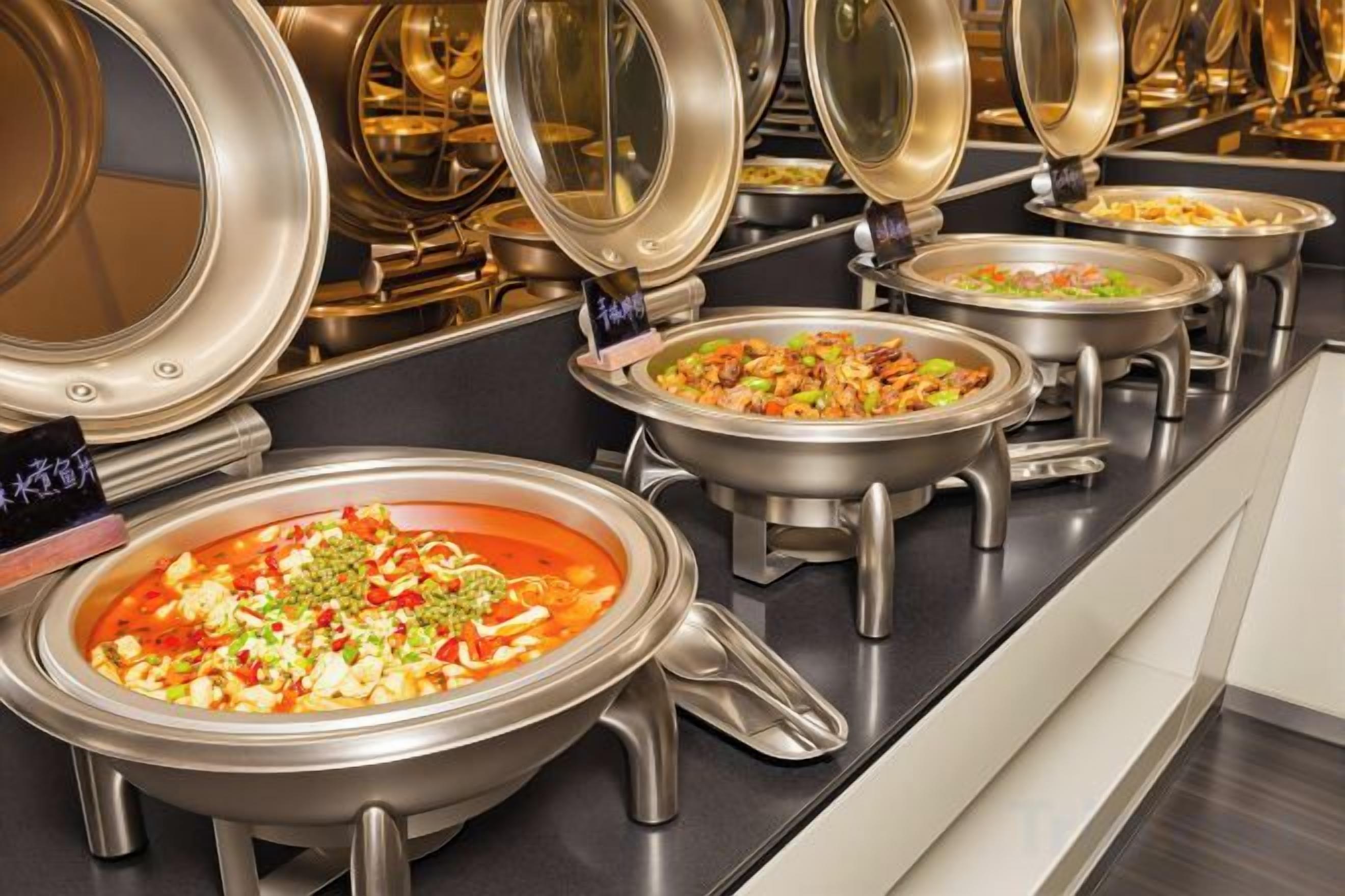A buffet with multiple stainless steel serving dishes containing various dishes.
