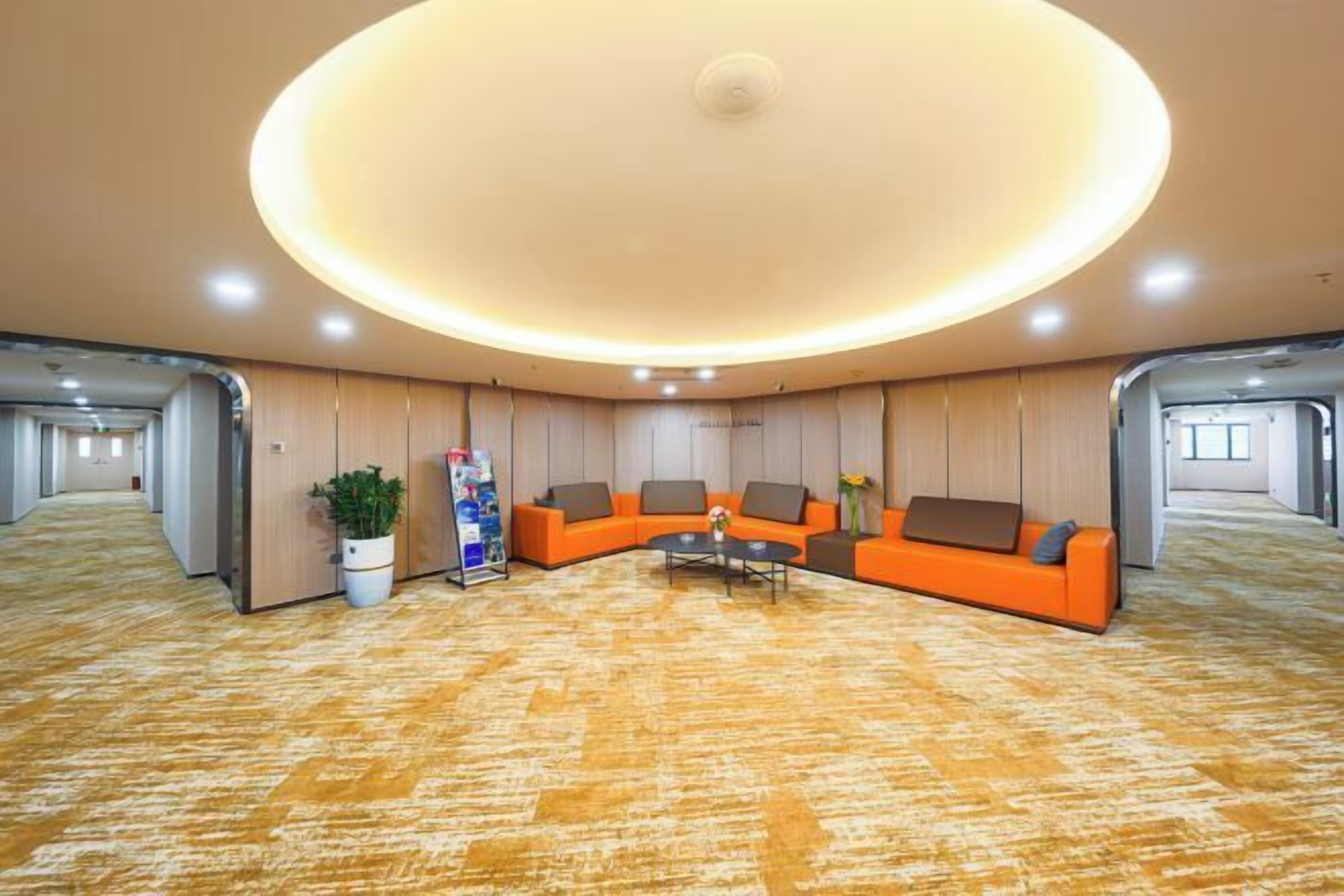 A spacious room with a curved sofa, a coffee table, and a potted plant.