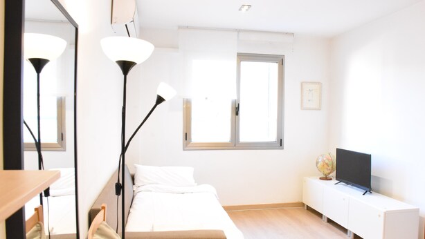 A bedroom with a bed, bedside lamps, a TV, a globe, and a window. - Sweet BCN Plaza Universidad (Barcelona)