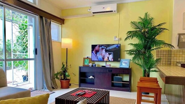A living room with a sofa, a coffee table, a TV, and a potted plant.