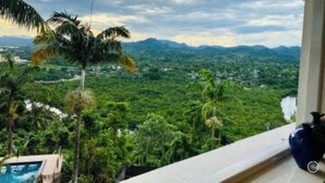 Blick vom Balkon auf eine üppige Landschaft mit Palmen und Bergen in der Ferne.