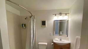 Ein Badezimmer mit Dusche, Toilette, Waschbecken und Spiegel.