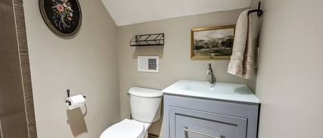 A bathroom with a toilet, a sink, a towel rack, a framed picture, and a decorative item on the wall.