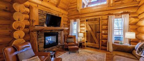 TV, fireplace, DVD player, foosball