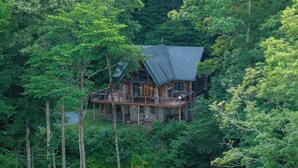 Une cabane entourée d’une forêt dense, dotée d’une grande terrasse et de nombreuses fenêtres.